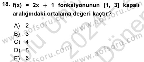 Genel Matematik Dersi 2024 - 2025 Yılı (Final) Dönem Sonu Sınav Soruları 18. Soru