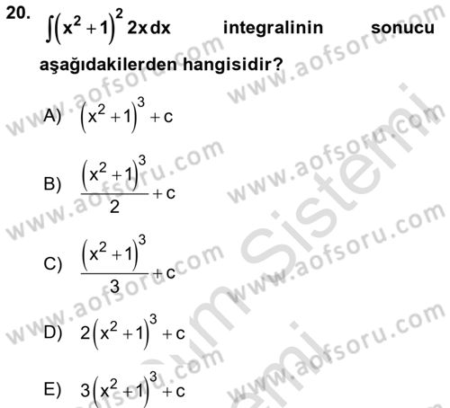 Genel Matematik Dersi 2024 - 2025 Yılı (Final) Dönem Sonu Sınav Soruları 20. Soru