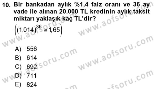 Genel Matematik Dersi 2024 - 2025 Yılı Yaz Okulu Sınav Soruları 10. Soru