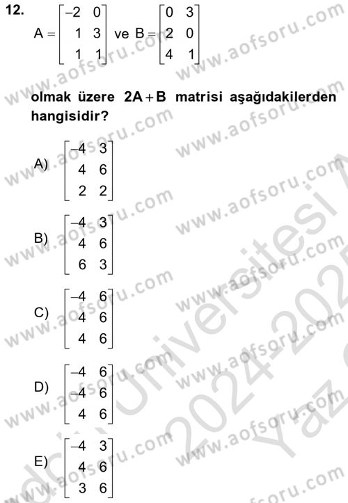 Genel Matematik Dersi 2024 - 2025 Yılı Yaz Okulu Sınav Soruları 12. Soru