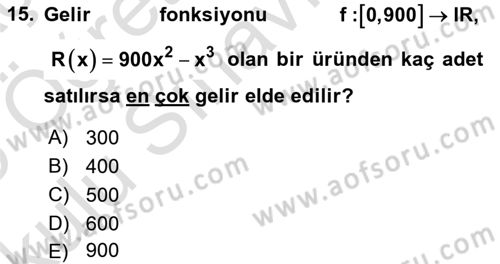 Genel Matematik Dersi 2024 - 2025 Yılı Yaz Okulu Sınav Soruları 15. Soru