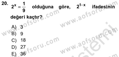 Genel Matematik Dersi 2025 - 2026 Yılı (Vize) Ara Sınav Soruları 20. Soru