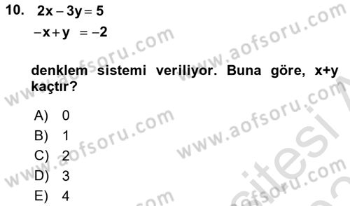 Genel Matematik Dersi 2025 - 2026 Yılı (Final) Dönem Sonu Sınav Soruları 10. Soru
