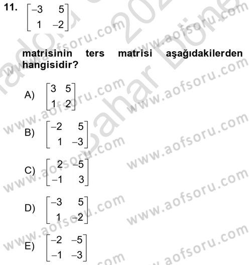 Genel Matematik Dersi 2025 - 2026 Yılı (Final) Dönem Sonu Sınav Soruları 11. Soru