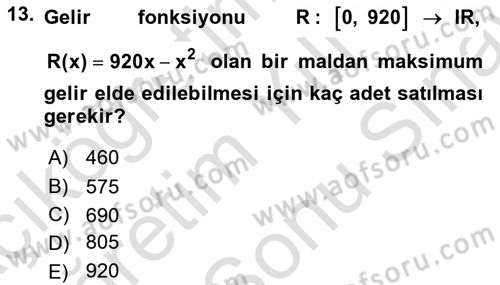 Genel Matematik Dersi 2025 - 2026 Yılı (Final) Dönem Sonu Sınav Soruları 13. Soru