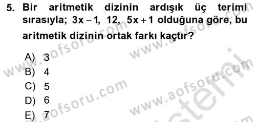 Genel Matematik Dersi 2025 - 2026 Yılı (Final) Dönem Sonu Sınav Soruları 5. Soru