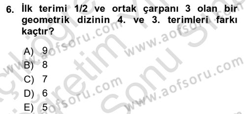 Genel Matematik Dersi 2025 - 2026 Yılı (Final) Dönem Sonu Sınav Soruları 6. Soru