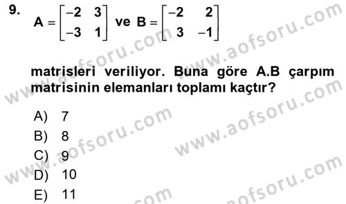 Genel Matematik Dersi 2025 - 2026 Yılı (Final) Dönem Sonu Sınav Soruları 9. Soru