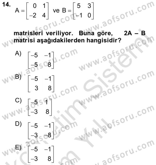Genel Matematik Dersi 2025 - 2026 Yılı Yaz Okulu Sınav Soruları 14. Soru