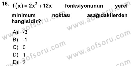 Genel Matematik Dersi 2025 - 2026 Yılı Yaz Okulu Sınav Soruları 16. Soru