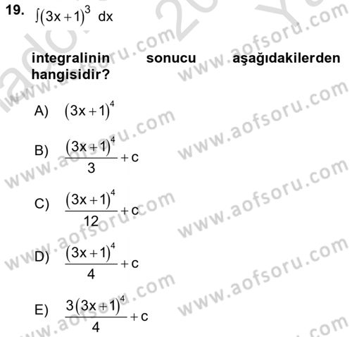 Genel Matematik Dersi 2025 - 2026 Yılı Yaz Okulu Sınav Soruları 19. Soru