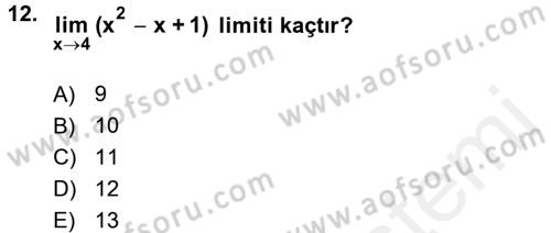 Matematik 1 Dersi 2015 - 2016 Yılı Tek Ders Sınav Soruları 12. Soru