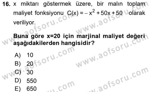 Matematik 1 Dersi 2016 - 2017 Yılı 3 Ders Sınav Soruları 16. Soru