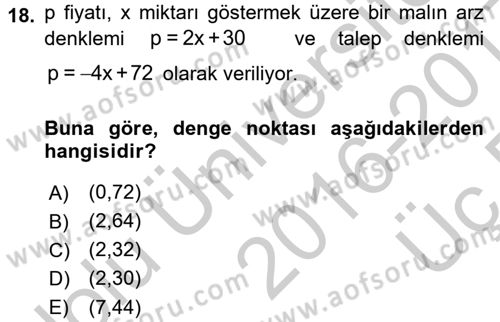 Matematik 1 Dersi 2016 - 2017 Yılı 3 Ders Sınav Soruları 18. Soru