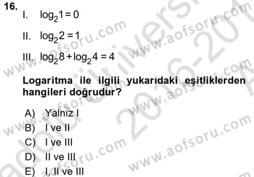 Matematik 1 Dersi 2016 - 2017 Yılı (Vize) Ara Sınav Soruları 16. Soru