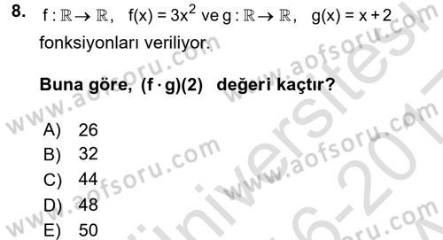 Matematik 1 Dersi 2016 - 2017 Yılı (Vize) Ara Sınav Soruları 8. Soru