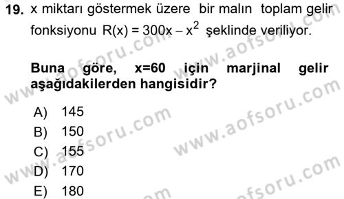 Matematik 1 Dersi 2016 - 2017 Yılı (Final) Dönem Sonu Sınav Soruları 19. Soru