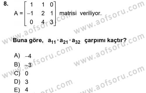 Matematik 1 Dersi 2016 - 2017 Yılı (Final) Dönem Sonu Sınav Soruları 8. Soru
