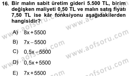 Matematik 1 Dersi 2017 - 2018 Yılı (Final) Dönem Sonu Sınav Soruları 16. Soru