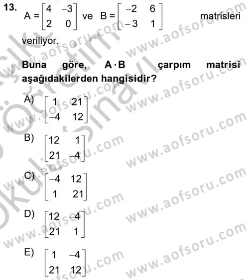 Matematik 1 Dersi 2018 - 2019 Yılı Yaz Okulu Sınav Soruları 13. Soru