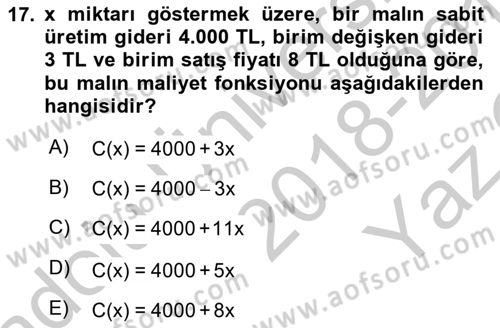 Matematik 1 Dersi 2018 - 2019 Yılı Yaz Okulu Sınav Soruları 17. Soru