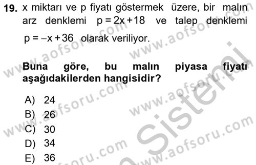 Matematik 1 Dersi 2018 - 2019 Yılı Yaz Okulu Sınav Soruları 19. Soru