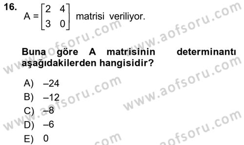 Matematik 1 Dersi 2020 - 2021 Yılı Yaz Okulu Sınav Soruları 16. Soru