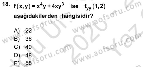 Matematik 1 Dersi 2020 - 2021 Yılı Yaz Okulu Sınav Soruları 18. Soru