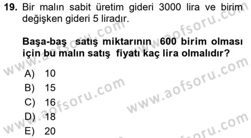 Matematik 1 Dersi 2020 - 2021 Yılı Yaz Okulu Sınav Soruları 19. Soru