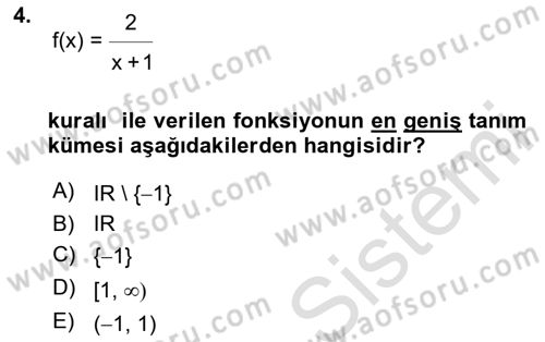 Matematik 1 Dersi 2020 - 2021 Yılı Yaz Okulu Sınav Soruları 4. Soru