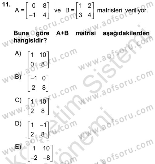 Matematik 1 Dersi 2021 - 2022 Yılı (Final) Dönem Sonu Sınav Soruları 11. Soru