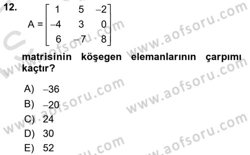 Matematik 1 Dersi 2021 - 2022 Yılı (Final) Dönem Sonu Sınav Soruları 12. Soru