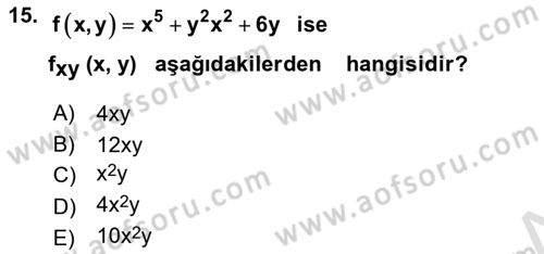 Matematik 1 Dersi 2021 - 2022 Yılı (Final) Dönem Sonu Sınav Soruları 15. Soru