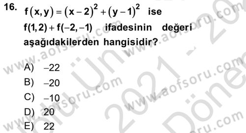 Matematik 1 Dersi 2021 - 2022 Yılı (Final) Dönem Sonu Sınav Soruları 16. Soru