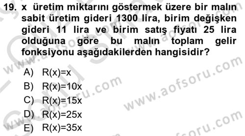 Matematik 1 Dersi 2021 - 2022 Yılı (Final) Dönem Sonu Sınav Soruları 19. Soru