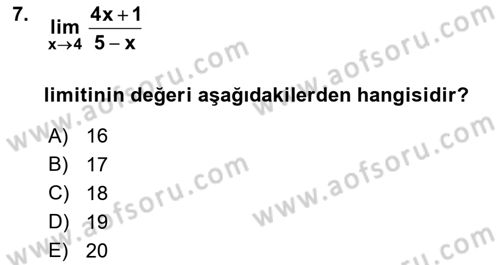 Matematik 1 Dersi 2021 - 2022 Yılı (Final) Dönem Sonu Sınav Soruları 7. Soru