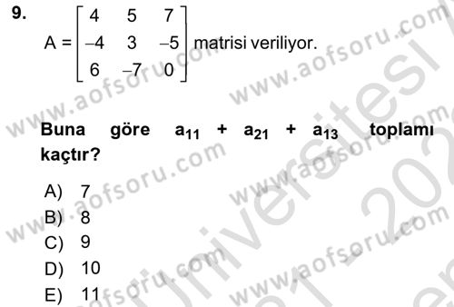 Matematik 1 Dersi 2021 - 2022 Yılı (Final) Dönem Sonu Sınav Soruları 9. Soru