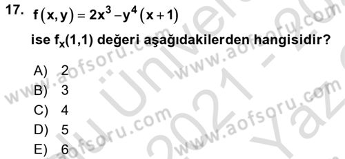Matematik 1 Dersi 2021 - 2022 Yılı Yaz Okulu Sınav Soruları 17. Soru