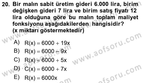 Matematik 1 Dersi 2021 - 2022 Yılı Yaz Okulu Sınav Soruları 20. Soru