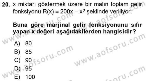 Matematik 1 Dersi 2022 - 2023 Yılı (Final) Dönem Sonu Sınav Soruları 20. Soru