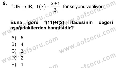 Matematik 1 Dersi 2023 - 2024 Yılı (Vize) Ara Sınav Soruları 9. Soru