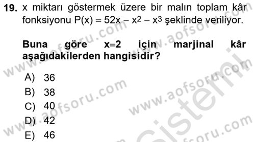 Matematik 1 Dersi 2023 - 2024 Yılı Yaz Okulu Sınav Soruları 19. Soru