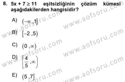 Matematik 1 Dersi 2023 - 2024 Yılı Yaz Okulu Sınav Soruları 8. Soru