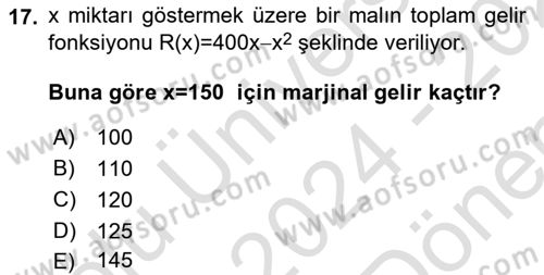 Matematik 1 Dersi 2024 - 2025 Yılı (Final) Dönem Sonu Sınav Soruları 17. Soru