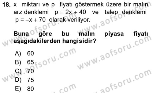 Matematik 1 Dersi 2024 - 2025 Yılı (Final) Dönem Sonu Sınav Soruları 18. Soru