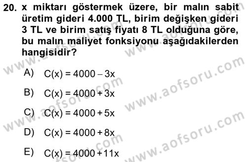 Matematik 1 Dersi 2024 - 2025 Yılı (Final) Dönem Sonu Sınav Soruları 20. Soru