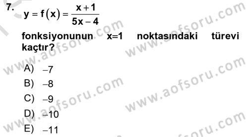 Matematik 1 Dersi 2024 - 2025 Yılı (Final) Dönem Sonu Sınav Soruları 7. Soru