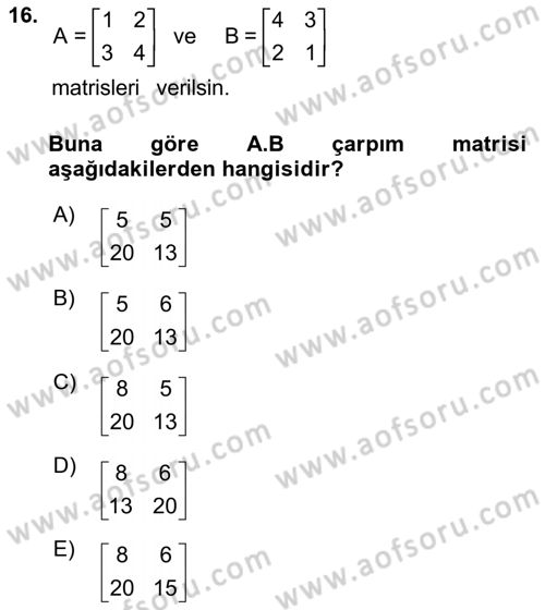 Matematik 1 Dersi 2024 - 2025 Yılı Yaz Okulu Sınav Soruları 16. Soru