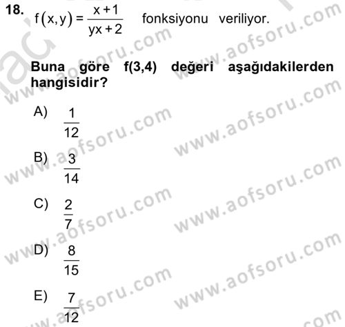 Matematik 1 Dersi 2024 - 2025 Yılı Yaz Okulu Sınav Soruları 18. Soru