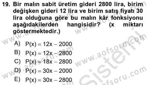 Matematik 1 Dersi 2024 - 2025 Yılı Yaz Okulu Sınav Soruları 19. Soru